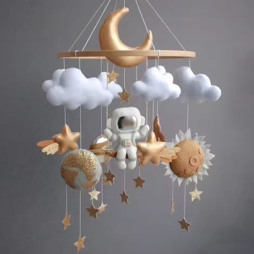 Space Theme Baby Mobile, Nursery Decor with Astronaut, Moon, Stars and Clouds, Gold and White