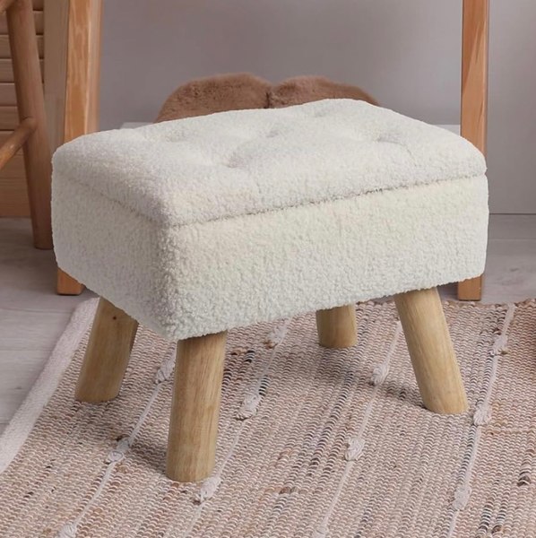 Storage Ottoman, Small Foot Stool Ottoman with Storage, Boucle Teddy Velvet Foot Rest with Padded Seat, Sturdy Wood Legs Stool for Living Room, Bedroom, Couch, Enterway (Cream)