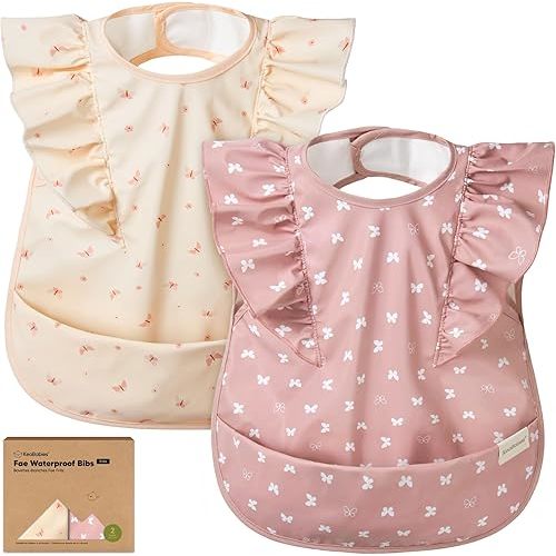 KeaBabies Waterproof Bibs for Baby Girl,Boy – 2-Pack Lightweight, Large Baby Bibs for Eating, Wearable Food Catcher, 6-12 Months Infant Feeding Essentials, Smock for Toddlers 1-3, Kids (Butterflies)