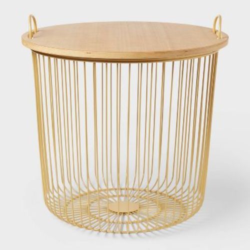 Wire Kids' Storage Floor Bin Gray - Pillowfort™: Round Metal & Wood Basket with Lid and Handles