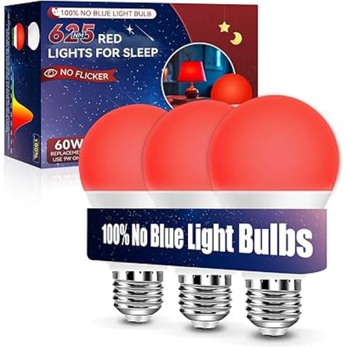 Neporal Red Light Bulbs for Sleep 9W, 100% Blue Light Blocking Red Night Light, 625nm Red Light Bulb for Melatonin Promoting, A19 60W Equivalent Dim Light Bulbs for Bedroom, Baby Nursery,3 Pack