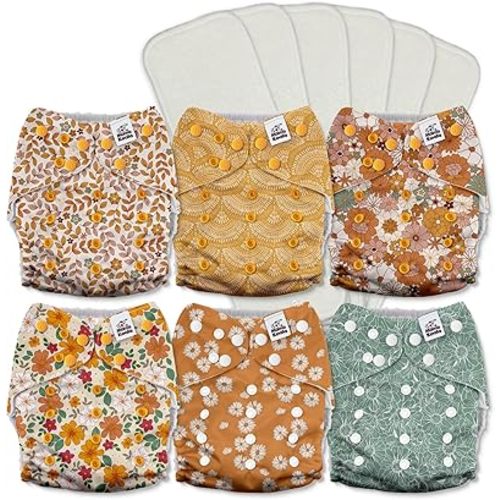 Mama Koala 3.0 Pocket Cloth Diapers for Babies with AWJ Lining, 6 Pack with 6 5-Layer Natural Cloth Diaper Inserts - Reusable and Washable Pocket Diapers(A-Little Daisies)