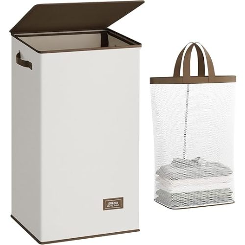 SOLEDI Laundry Hamper with Lid - 100L XL - Large Laundry Basket with Removable Bag, Collapsible Laundry Baskets, Convenient Storage - Hampers for Laundry for Bedroom, Bathroom, Closet, Dorm, Off-White