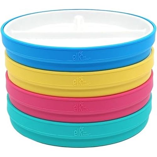 Elk and Friends Kids 7.8” Porcelain White Plates with Silicone Sleeves | Divided Plates | Suitable for Kids/Toddlers | Microwave & Dishwasher Safe | Non Slip | Snack Dishes…