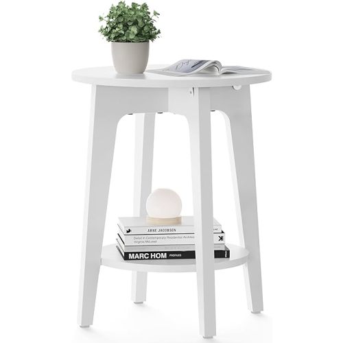 VASAGLE Side End Table for Living Room, Bedroom, Small Round Table with Lower Shelf, Nightstand for Small Spaces, White ULET283T14