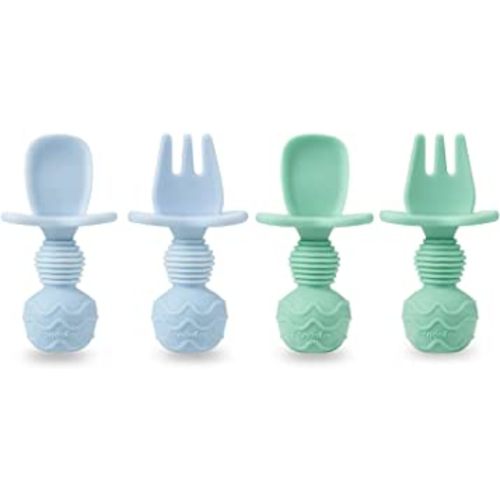 PandaEar 4 Pack Silicone Baby Spoons and Fork Feeding Set- Anti-Choke First Self Feeding Utensils for Baby Led Weaning Ages 3 Months (Cyan+Blue)