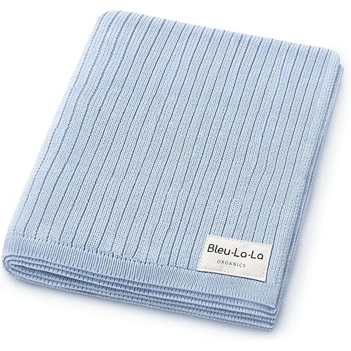 Organic Ribbed Swaddle Blanket for Boys & Girls - 100% Luxury Organic Soft Cotton Knit Warm Cozy Cuddle Stroller Crib Blanket for Newborns, Infants, & Toddlers (Sky Blue)