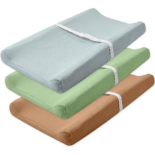 3 Pack Muslin Changing Pad Cover, Solid Changing Table Pad Cover, Soft Breathable Double Layer Boho Changing Pad Sheets Fit for Standard Changing Pad 16" x 32" (Fog & Sage Green & Brown)