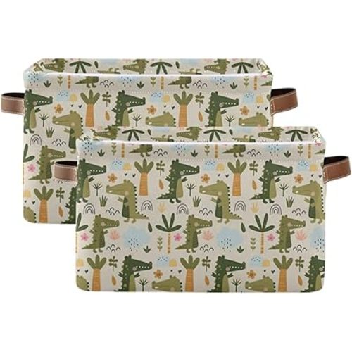 Pfrewn Storage Basket Bins Foldable Laundry Hamper Toy Cute Alligators on Cream Storage Bins Box Organizer for Home Boys Girls Office Closet Shelf Nursery Baskets,1 pcs