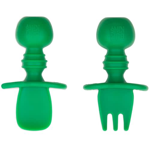 Bumkins Baby Utensils Set, Chewtensils Silicone Spoons for Dipping, Self-Feeding, Baby Led Weaning, Trainer Learning, First Stage Eating, Soft Practice Fork and Spoon, Babies 6 Months, Jade Green