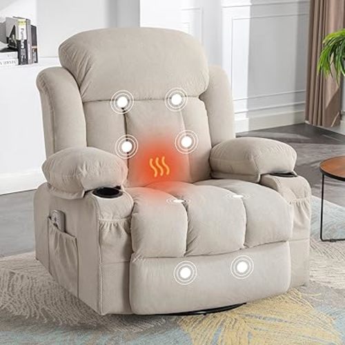 Massage Recliner Chair, Swivel and Rocking Recliner with Heat and Vibration, Breathable Fabric Ergonomic Single Sofa Chair for Living Room with Cup Holders, Side Pockets and USB (Beige)