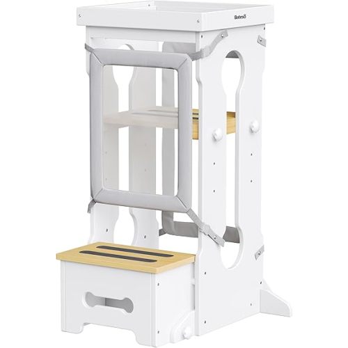 Toddler Tower for Kids 1-3, Adjustable Wooden Toddler Standing Tower with Detachable Nets & Support Feet, Kitchen Step Stool with Anti-Slip Mats for Nursery