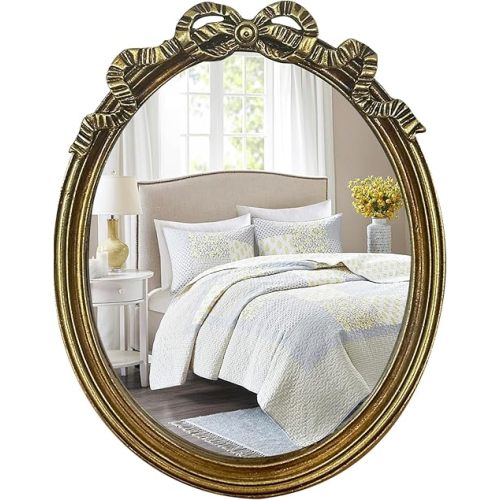 Vintage Oval Wall Mirror & Tabletop Vanity Mirror - Antique Gold Frame with Decorative Bow Design, Retro Traditional Chic Makeup Desk Decor - 12.6" x 9.85"