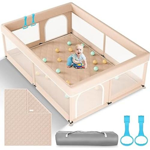 Omzer Baby Playpen with Mat 71"×59" - Extra Large Playpen for Babies and Toddlers with Mat Included, Safety Playard for Baby with Gate, All-Wrapped Soft Sponge Baby Gate Playpen with Stable Mat Velcro
