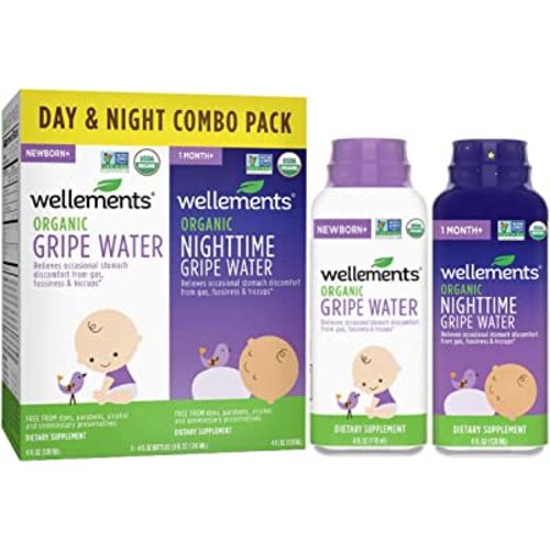 Wellements Organic Baby Gripe Water, Day & Night Combo Pack | Relieves Occasional Stomach Discomfort from Baby Gas, Colic, Hiccups and Fussiness | USDA Certified Organic (Pack of 2, 4 Fl Oz Bottles)