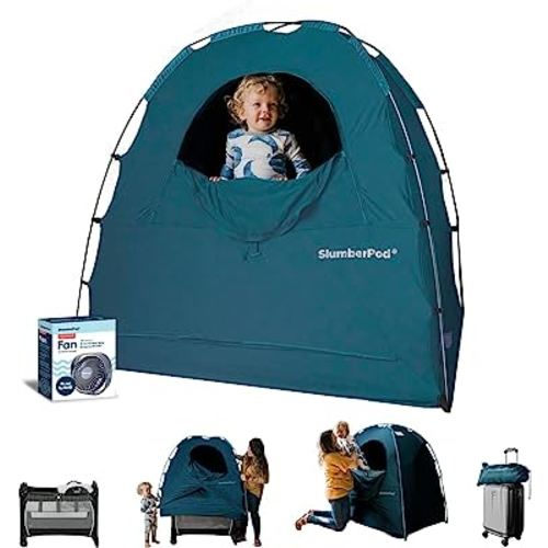 SlumberPod The Official Blackout Sleep Tent for Pack and Play, Mini Cribs and Travel Cribs, Blackout Canopy Crib Cover, Sleep Pod for Kids with Monitor Pouch and Fan Pouch (Includes Fan), Teal