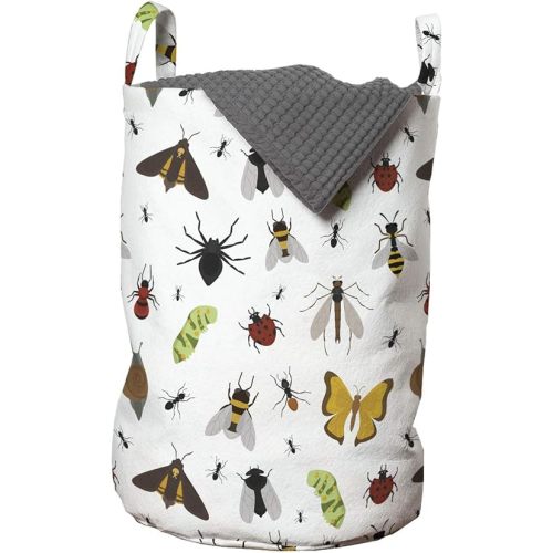 Ambesonne Entomology Laundry Bag, Wildlife Concept with an Assortment of Colorful Bugs Biological Nature Theme, Hamper Basket with Handles Drawstring Closure for Laundromats, 13" x 19", Multicolor