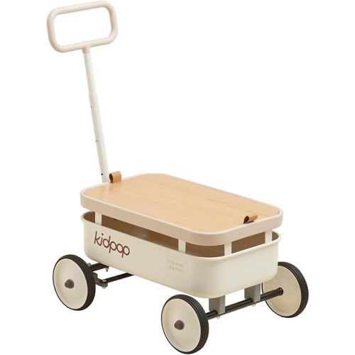 PULA-Wild 3-in-1 Kids' Pull-Along Wagon Toddlers Push Walker for 2.5-8, Removable Wooden Cover and Adjustable Handlebar, Birthday Gifts Max Weight 33 lbs (White)