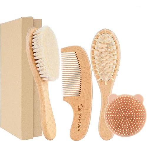 Yoofoss 4 Piece Baby Hair Brush and Comb Set for Newborn and Toddler, Wooden Baby Hair Brush with Natural Ultra Soft Goat Hair, Baby Comb Set for Boy, Girl, Cradle Cap Brush for Babies