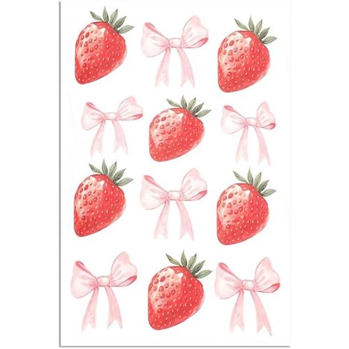 Trendy Pink Bow and Strawberry Posters Prints Painting Canvas Wall Art Funky Coquette Poster Preppy Inspirational Quotes Aesthetic Wall Decor for Girl Bedroom Living Room 12x18inch Unframed
