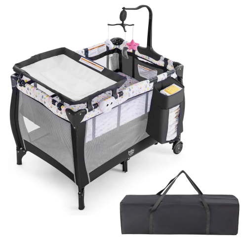 Costway 3-in-1 Portable Baby Playard with Changing Station, Nursery Center Crib Bassinet with Music Box & Toys