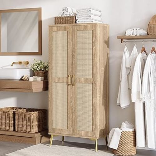 JASIWAY Tall Bathroom Storage Cabinet with Doors and Shelves, 57" Linen Floor Storage Cabinet for Laundry Entryway, Wood Freestanding Pantry with Metal Handle, Adjustable Shelves, Anti-Tipping Device