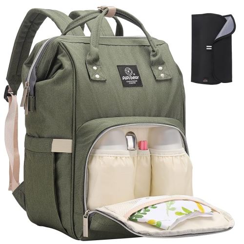 Pipi bear Nappy Changing Bag, Multi-functional Waterproof Travel Diaper Bag Backpack with Changing Pad (Olive Green)