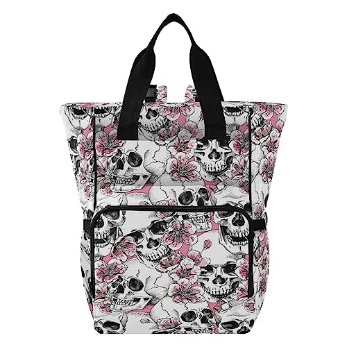MNSRUU Diaper Bag Pink Floral Skull Diaper Bag Backpack Multifunction Travel Diaper Bag Tote Large Capacity Diaper Changing Backpacks for Moms Dads