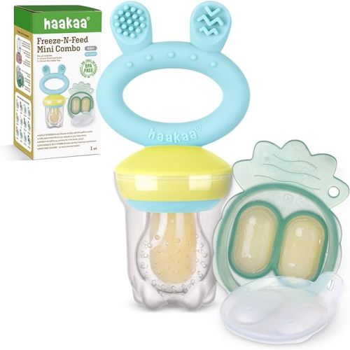 Haakaa Baby Fruit Food Feeder & Mini Freezer Nibble Tray Combo, Breastmilk Popsicle Molds for Baby Cooling Relief, BPA Free Silicone Feeder for Safe Infant Self Feeding, 4 Month+ (Blue)