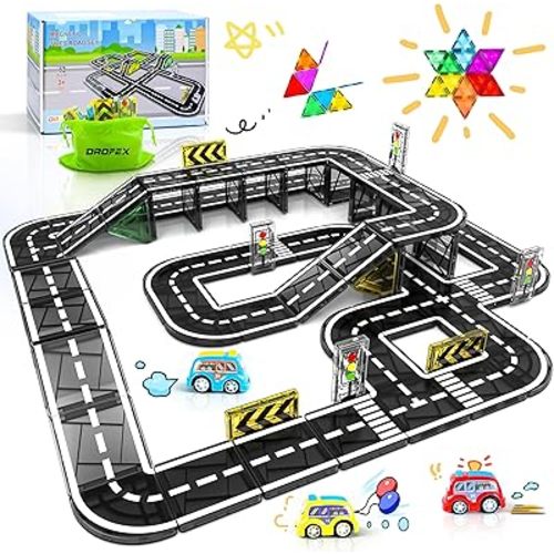 82pcs Magnetic Tiles Road, Magnetic Building Blocks Construction Toys for 3+Year Old Boys Girls, Kids Montessori Toys for Toddler, STEM Learning Gifts
