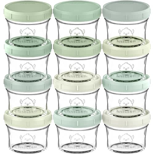 KeaBabies 12pk 4oz Glass Baby Food Containers with Lids - Leak-Proof, Microwavable Small Glass Jars, Baby Purees & Toddler Snack Storage Containers, BPA-Free, Dishwasher & Freezer Safe (Sage)
