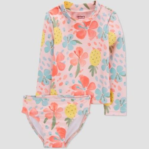 Carter's Just One You®️ Baby Girls' Long Sleeve Tropical Floral Printed Rash Guard Set - Pink 18M: UPF 50+, Elastic Leg Openings