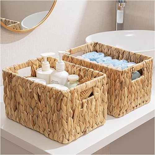 ELONG HOME Water Hyacinth Rectangular Wicker Baskets, 12" Wicker Basket 2 Pack, Woven Storage Baskets with Handles