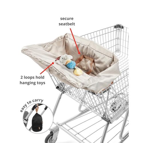 Skip Hop Baby Shopping Cart Cover & Baby High Chair Cover 2-in-1 with Secure Seatbelt, Padded Seat, Soft Fabric, Machine Washable Liner, Toy Loops and Built-in Carry Pouch, Take Cover, Oat