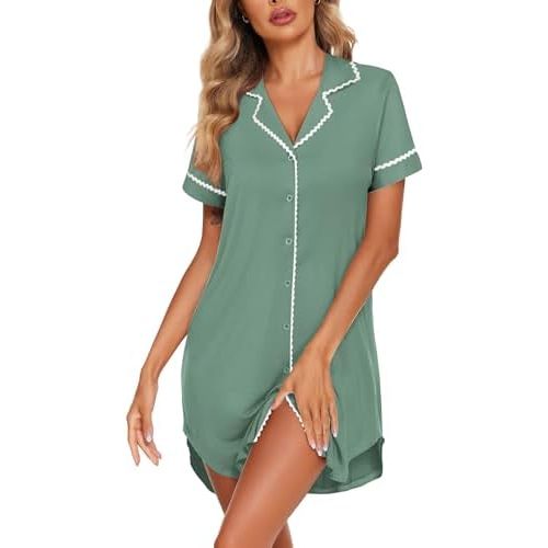 Ekouaer Nightgowns for Women Button Up Sleep Shirts Short Sleeve Nightshirt Soft Pajamas House Dress Sleepwear S-XXXL