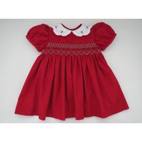 Adorable Red and White Christmas Dress for Baby Girl. Hand Smocked and Holly Embroidery. Short Sleeve.