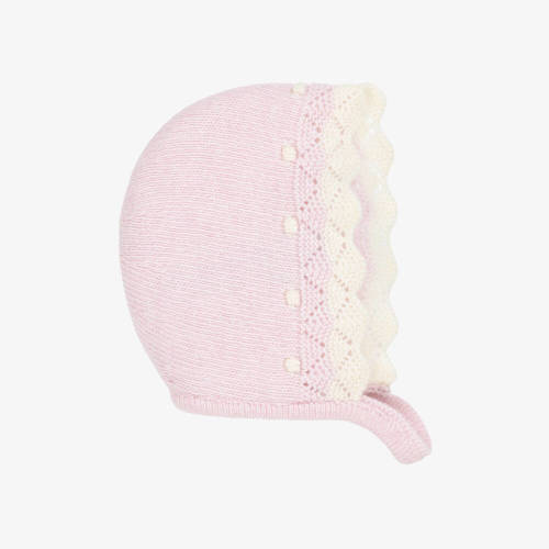 Dr. Kid - Baby Girls Knitted Pink Bonnet with Ivory Trim | Childrensalon