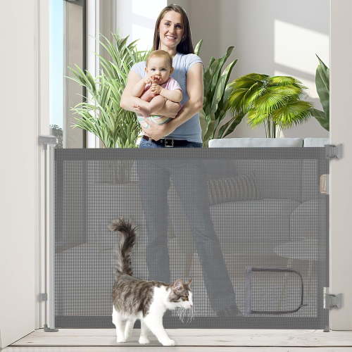 Baby Gate with Cat Door, Retractable Baby Gates for Stairs, 33" Tall, Extends up to 55" Wide, Mesh Dog Gate for Doorways Hallways, Pet Gate Indoor Outdoor, Safety Child Gate, Grey