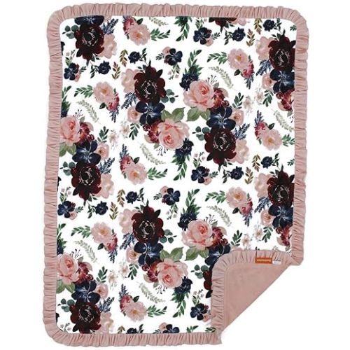 Dear Baby Gear - Reversible Baby Blankets - Soft Nursery Blanket for Newborn - Toddler Blankey - Throw Blanket for Boys & Girls - Infant Blankets - 43x33 (Burgundy and Navy Floral with Blush Ruffles)