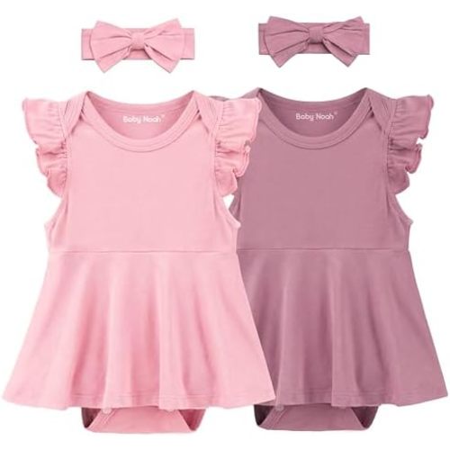 2 Pack Baby Girl Bodysuit Flutter Sleeves Dress, Cute Ruffle Romper Outfit with Headband, Newborn Infant Pajamas 0-12 Months