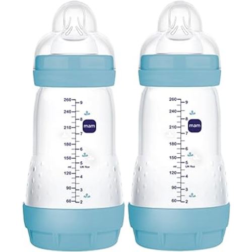 MAM Easy Start Matte Anti-Colic Baby Bottles, Medium Flow Nipples, Baby Boy, 9 oz (2 Count), Blue