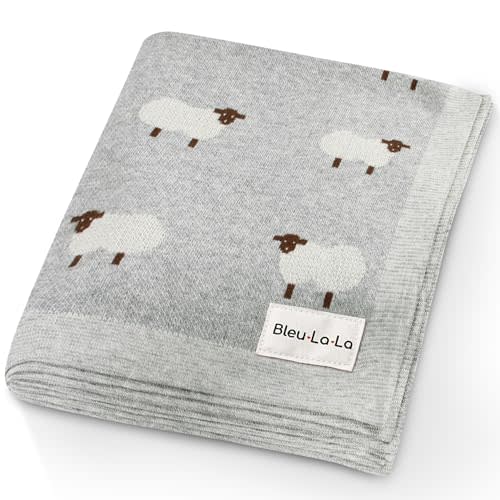 Bleu La La Knit Baby Swaddle Blanket - 100% Cotton Soft Cozy Lightweight Unisex Receiving Swaddling Crib Stroller Quilt Blanket for Shower Gift Registry for Newborns Infants & Toddlers (Sheep - Grey)