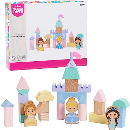 Disney Wooden Toys Princess Castle Block Set, 25-Pieces Include Cinderella, Belle, and Jasmine Block Figures, Officially Licensed Kids Toys for Ages 18 Month by Just Play