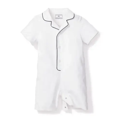 Baby's Twill Summer Romper in White with Navy Piping
