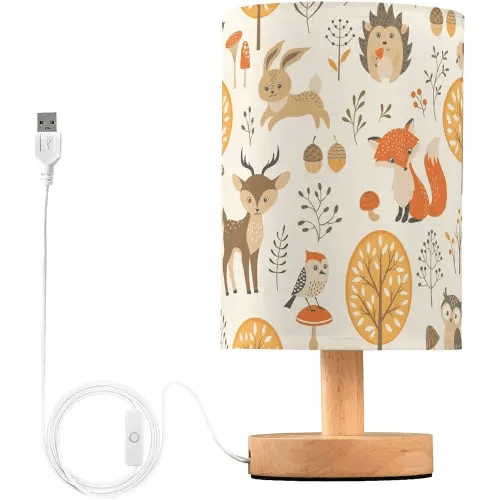 Bedside Table Lamp Woodland Animals Nightstand Lamp with Wood Fox Owl Deer Buuny Trees Leaves Desk Lamps for Bedroom Living Room Nursery Office Home Decor