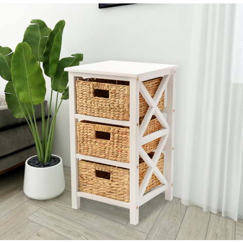 eHemco 3 Tier x-Side End Table Side Table Storage Cabinet with 3 Natural Water Hyacinth Wicker Baskets, White