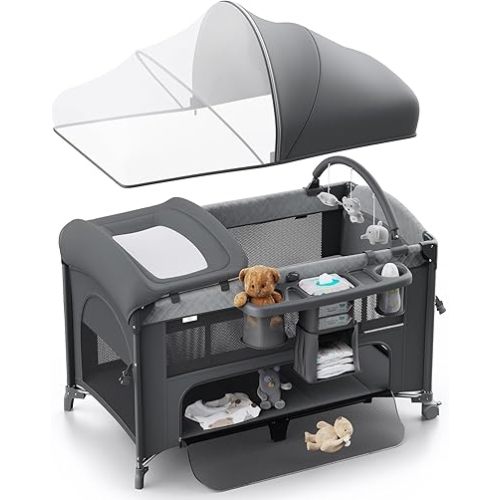4 in 1 Baby Bassinet, Pack and Play, Bedside Crib Sleeper, Diaper Changer - Comes with Mattress, Mosquito Net，Bottom Storage and Toy Bar for Newborn to Toddles