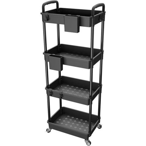 4 Tier Rolling Utility Cart with Handle,REBECAT Utility Cart Made of Multifunctional Storage Organizer Tool for Kitchen,Bathroom,Living Room,Office(Black)