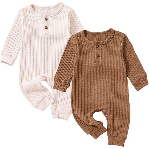 Yookoom Baby Boys Girls 2 Pack Solid Romper Long Sleeve Knit Cotton Button One Piece Jumpsuit Outfits Clothes