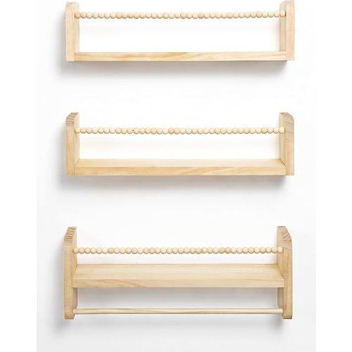 Nursery Floating Shelves for Wall, Set of 3 Book Shelves Natural Wood Wall Mounted Organizer with Towel Bar Hanging Bookshelves Nursery Decor for Kids Room, Bedroom and Kitchen